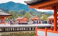 Many tourists are standing in line for taking photo of Miyajima Torii.