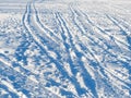 Many tracks and tire tracks in the snow