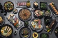 many traditional japanese food dishes variety on grey background Royalty Free Stock Photo