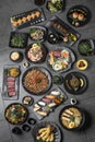 many traditional japanese food dishes variety on grey background Royalty Free Stock Photo