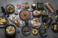 many traditional japanese food dishes variety on grey background Royalty Free Stock Photo