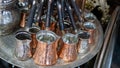 many traditional turkish coffee pots at flea market