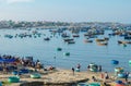 Many Traditional Vietnamese boat in the basket shaped at Fishing village in Mui Ne, Vietnam