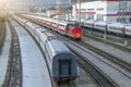 Many train sets of passenger cars, double decker at the station. Preparing a railway train for a long journey Royalty Free Stock Photo