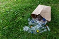 Many transparent empty water bottles are gathered in the paper bag on the green grass. Royalty Free Stock Photo