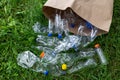 Many transparent empty water bottles are gathered in the paper bag on the green grass. Separate waste and recycle plastic bottles Royalty Free Stock Photo