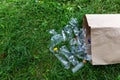 Many transparent empty water bottles are gathered in the paper bag on the green grass. Royalty Free Stock Photo