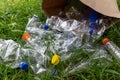 Many transparent empty water bottles are gathered in the paper bag on the green grass. Royalty Free Stock Photo