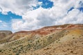 Many travelers walk the Martian landscape in the mountains of the Altai Republic in Russia. The landscape is composed of Royalty Free Stock Photo