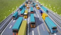 many trucks on highway aerial. miniature logistics truck models ,ai generated