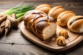 Many Type Of Bread And Bun Are Set On The Table, Food Display Background. Image. Generative AI Royalty Free Stock Photo