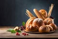 Many Type Of Bread And Bun Are Set On The Table, Food Display Background. Image. Generative AI Royalty Free Stock Photo