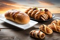 Many Type Of Bread And Bun Are Set On The Table, Food Display Background. Image. Generative AI Royalty Free Stock Photo