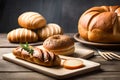 Many Type Of Bread And Bun Are Set On The Table, Food Display Background. Image. Generative AI Royalty Free Stock Photo