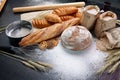 Many type of bread studio shot with . ingredients flour seed grain all around.photo take with high iso may has some noise and gai