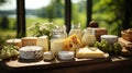 Many type of dairy products on table with nature background. Generative AI.