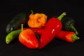 Many types of hot chilli peppers in the dark Royalty Free Stock Photo