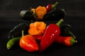 Many types of hot chilli peppers in the dark Royalty Free Stock Photo