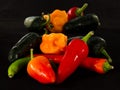 Many types of hot chilli peppers in the dark Royalty Free Stock Photo