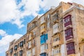 Many typical traditional balconies in a residential building of the town of Valletta Malta Royalty Free Stock Photo