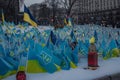 many Ukrainian flags and lit candles to honor those who died in the war. place of memory in the center of Kyiv