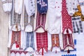 Many Ukrainian national clothes - embroidered shirts hang on counter, sold in the market Royalty Free Stock Photo