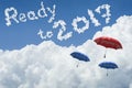 Many umbrella floating above against Blue sky and cloud.Sunny day.Cloudscape.close up the cloud.text ready to 2017.end of the