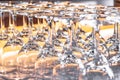 Many upturned wine glasses on table close up Royalty Free Stock Photo