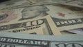 Many USA dollars bills on the table. Macro shot with watermarks, inscription, american president, banknote