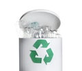 Many used bottles in trash bin isolated. Plastic recycling Royalty Free Stock Photo