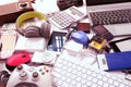 Many used modern Electronic gadgets for daily use on White floor, Reuse and Recycle concept Royalty Free Stock Photo