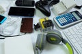 Many used modern Electronic gadgets for daily use on White floor, Reuse and Recycle concept Royalty Free Stock Photo