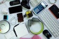 Many used modern Electronic gadgets for daily use on White floor, Reuse and Recycle concept Royalty Free Stock Photo