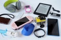 Many used modern Electronic gadgets for daily use on White floor, Reuse and Recycle concept Royalty Free Stock Photo