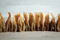 Many used tea bags on wooden table, closeup Royalty Free Stock Photo