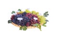 Many varieties of grapes fruit with green leaf on wood tray isolated on white background , clipping path beauty seedless ,