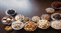 Nuts, seeds and dried fruits on the table Royalty Free Stock Photo