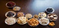 Nuts, seeds and dried fruits on the table Royalty Free Stock Photo