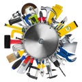 Many various hand working tools behind circular buzz saw blade isolated white background. DIY hardware store equipment so it Royalty Free Stock Photo