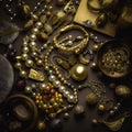 Many various jewels on black, fine gold items, rings, brooches, necklaces, chains, vintage jewelry,