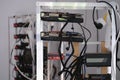 Many video cards are assembled into mining farm for cryptocurrency closeup