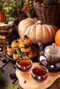 Many waffles are stacked on a plate, decorated with mint leaves and blueberries. Tea in a glass teapot and two small bowls Royalty Free Stock Photo