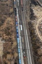 Many wagons and trains. Aerial view. Royalty Free Stock Photo