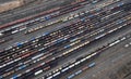 Many wagons and trains. Aerial view. Royalty Free Stock Photo