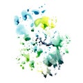 Many watercolor splashes in blue green yellow colors. Abstract texture background illustration with stains and blots Royalty Free Stock Photo