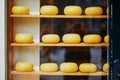 Many wheels of Dutch cheese on shop-window in Amsterdam, the Netherlands Royalty Free Stock Photo