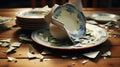 Many white broken plates on a wooden floor. Broken dishes after a quarrel