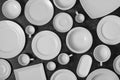 Many white empty plate and cup on black background, close up Royalty Free Stock Photo