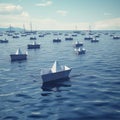 Many white paper boats are sailing on the sea, flotilla, navy, Royalty Free Stock Photo