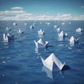 Many white paper boats are sailing on the sea, flotilla, navy, Royalty Free Stock Photo